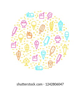 Ice Cream Signs Thin Line Round Design Template Include of Dessert, Cone, Sundae and Sorbet. Vector illustration of Icons