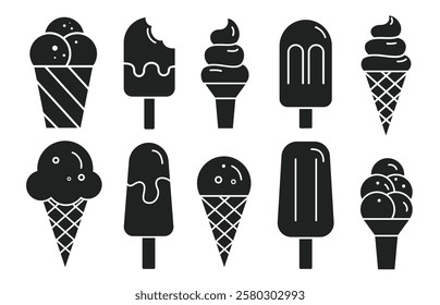 Ice cream silhouette clipart set. Ice cream icon clip art collection in cone, cup, popsicle stick and glass elements vector illustration sweet dessert outline.
