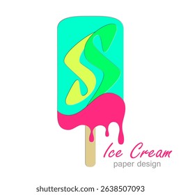 Ice cream silhouette, color vector image. Paper cut design in art design style.