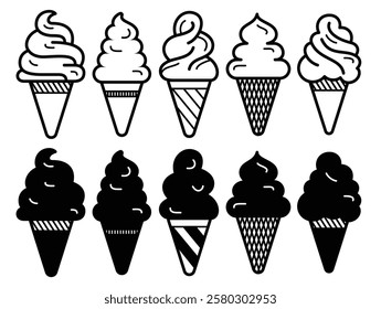 Ice cream silhouette icon clipart set. Sweet ice cream cone clip art in pictogram linear style and outline collection vector illustration summer dessert graphic design.
