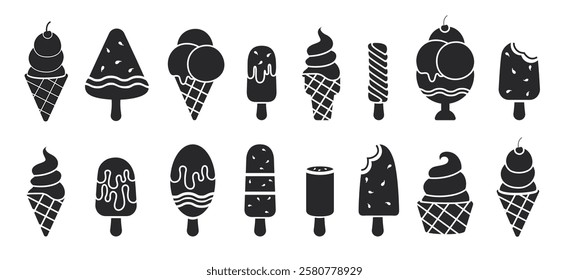 Ice cream silhouette icon clipart set. Sweet ice cream for summer dessert with black drawing clip art vector illustration flat logo design collection in white background .