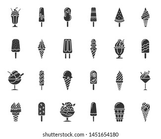 Ice cream silhouette icons set. Sweet dessert symbol, simple shape pictogram collection. Summer food design element. Cone, ball, strawberry flat black sign. Isolated on white icon vector illustration