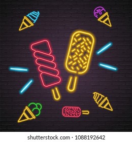 Ice Cream Silhouette Neon Light Glowing Vector Illustration Bright Pattern Different Colour
