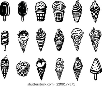 Ice cream silhouette set monochrome, sorbet symbol, vector illustration