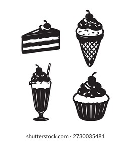 Conjunto de Ilustración vectorial de silueta de helado, incluye conos, paletas de helado y helados, perfecto para diseños de postres, menús, proyectos de verano y divertidas obras de arte creativas.