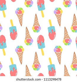 Ice cream simple sketh drawn by hand seamless pattern in cartoon style with cone, eskimo. For wallpapers, web background, textile, wrapping, fabric, baby design. Bright color