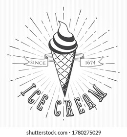 Ice Cream Since 1674 Creative Concept with Ice Cream Waffle Cone and Retro Style Handwritten Logo Lettering - Black Elements on Sunburst Background - Vector Hand Drawn Design