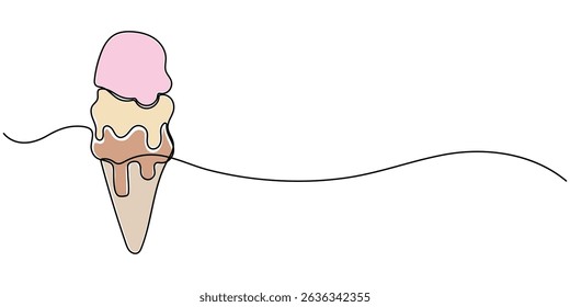 Ice Cream Single Line Icon, Ice cream continuous line drawing. One line Ice cream. Symbol dessert gelato in simple linear style. Different type ice cream summer set. Hand drawn minimalist style vector