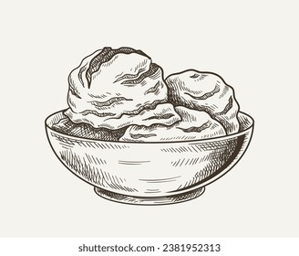 Ice cream sketch. Balls of frozen dessert in plate. Eating for hot weather and summer season. Minimalistic creativity and art. Linear flat vector illustration isolated on white background