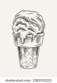 Esbozo de helado. Bolas de postre congelado y manjar en taza de waffer. Comer para el clima cálido y la temporada de verano. Elemento gráfico para el sitio. Ilustración lineal vectorial aislada en fondo blanco