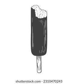 Ice cream sketch. Bitten popsicle isolated on white background. Eskimo pie. Ice cream on a stick with chocolate glaze. Chocolate topping. Frozen dessert. Gelato