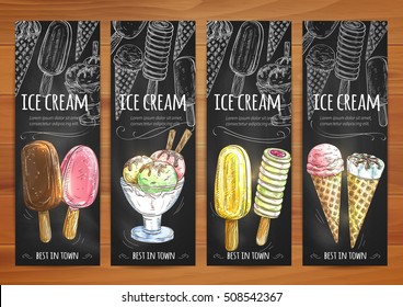 Ice cream sketch chalk banners. Price tags for ice cream assortment. Chalked elements of ice cream scoops in glass bowl, chocolate eskimo, sundae wafer cone, frozen fruit ice. Sweet dessert menu board