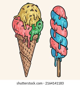 Ice cream sketch colorful vintage children's desserts of different types sweet summer food with melting drops vector illustration