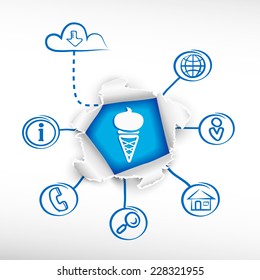 Ice cream and sketch diagrams. Doodle vector illustration. Breakthrough paper hole.
