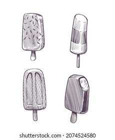 Ice cream sketch. Different eskimo with chocolate glaze, frozen creamy desserts and sundae on stick. Cold summertime food. Cafe menu vintage collection. Vector isolated set