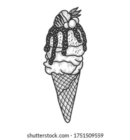 ice cream sketch engraving vector illustration. T-shirt apparel print design. Scratch board imitation. Black and white hand drawn image.