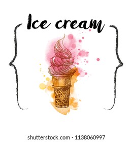 Ice cream sketch. Fast food. Hand drawn sketch and watercolor.