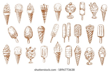 Ice cream sketch icons, isolated vector frozen creamy desserts, gelato icecream, wafer cone. Caramel eskimo or chocolate glaze sundae with nuts, whipped cream, fruit ice, vanilla scoops in glass bowl