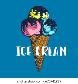 Ice cream sketch. Illustration isolated on white background. Engraving style. Food illustration. Lettering 