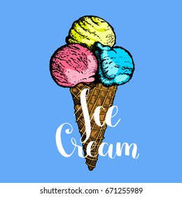Ice cream sketch. Illustration isolated on blue background. Engraving style. Food illustration. Lettering 
