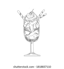 Ice cream sketch. Isolated vector ice cream scoops in glass bowl, eskimo pie in chocolate glaze, sundae in wafer cone, frozen fruit ice for cafeteria, restaurant menu