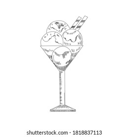 Ice cream sketch. Isolated vector ice cream scoops in glass bowl, eskimo pie in chocolate glaze, sundae in wafer cone, frozen fruit ice for cafeteria, restaurant menu