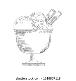 Ice cream sketch. Isolated vector ice cream scoops in glass bowl, eskimo pie in chocolate glaze, sundae in wafer cone, frozen fruit ice for cafeteria, restaurant menu
