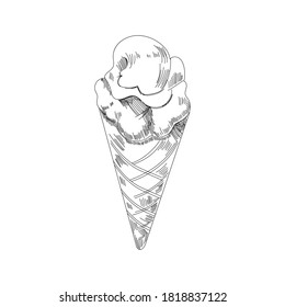 Ice cream sketch. Isolated vector ice cream scoops in glass bowl, eskimo pie in chocolate glaze, sundae in wafer cone, frozen fruit ice for cafeteria, restaurant menu