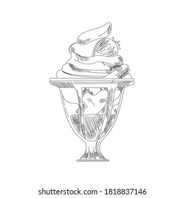 Ice cream sketch. Isolated vector ice cream scoops in glass bowl, eskimo pie in chocolate glaze, sundae in wafer cone, frozen fruit ice for cafeteria, restaurant menu