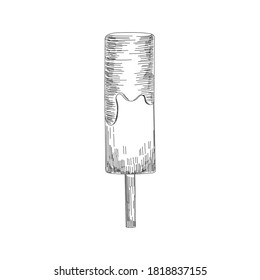 Ice cream sketch. Isolated vector ice cream scoops in glass bowl, eskimo pie in chocolate glaze, sundae in wafer cone, frozen fruit ice for cafeteria, restaurant menu