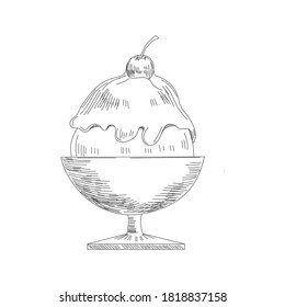 Ice cream sketch. Isolated vector ice cream scoops in glass bowl, eskimo pie in chocolate glaze, sundae in wafer cone, frozen fruit ice for cafeteria, restaurant menu