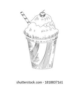 Ice cream sketch. Isolated vector ice cream scoops in glass bowl, eskimo pie in chocolate glaze, sundae in wafer cone, frozen fruit ice for cafeteria, restaurant menu
