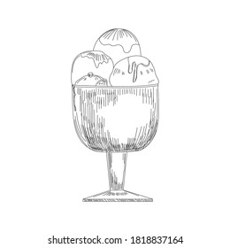 Ice cream sketch. Isolated vector ice cream scoops in glass bowl, eskimo pie in chocolate glaze, sundae in wafer cone, frozen fruit ice for cafeteria, restaurant menu