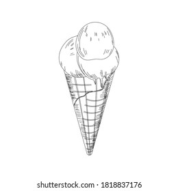 Ice cream sketch. Isolated vector ice cream scoops in glass bowl, eskimo pie in chocolate glaze, sundae in wafer cone, frozen fruit ice for cafeteria, restaurant menu