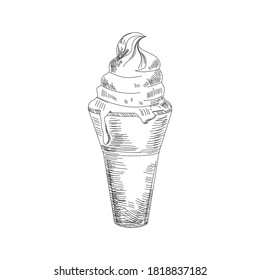 Ice cream sketch. Isolated vector ice cream scoops in glass bowl, eskimo pie in chocolate glaze, sundae in wafer cone, frozen fruit ice for cafeteria, restaurant menu