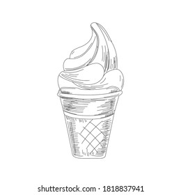 Ice cream sketch. Isolated vector ice cream scoops in glass bowl, eskimo pie in chocolate glaze, sundae in wafer cone, frozen fruit ice for cafeteria, restaurant menu