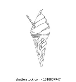 Ice cream sketch. Isolated vector ice cream scoops in glass bowl, eskimo pie in chocolate glaze, sundae in wafer cone, frozen fruit ice for cafeteria, restaurant menu