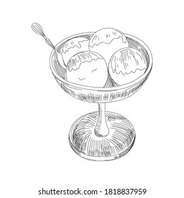 Ice cream sketch. Isolated vector ice cream scoops in glass bowl, eskimo pie in chocolate glaze, sundae in wafer cone, frozen fruit ice for cafeteria, restaurant menu
