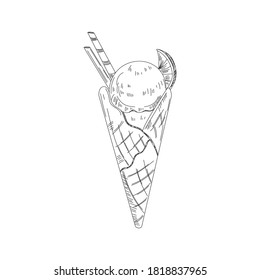 Ice cream sketch. Isolated vector ice cream scoops in glass bowl, eskimo pie in chocolate glaze, sundae in wafer cone, frozen fruit ice for cafeteria, restaurant menu