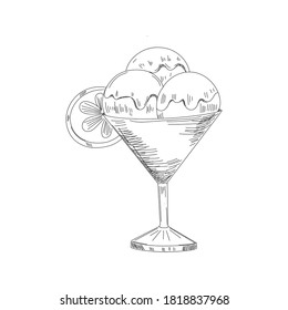 Ice cream sketch. Isolated vector ice cream scoops in glass bowl, eskimo pie in chocolate glaze, sundae in wafer cone, frozen fruit ice for cafeteria, restaurant menu