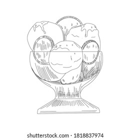 Ice cream sketch. Isolated vector ice cream scoops in glass bowl, eskimo pie in chocolate glaze, sundae in wafer cone, frozen fruit ice for cafeteria, restaurant menu