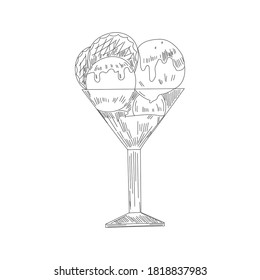 Ice cream sketch. Isolated vector ice cream scoops in glass bowl, eskimo pie in chocolate glaze, sundae in wafer cone, frozen fruit ice for cafeteria, restaurant menu