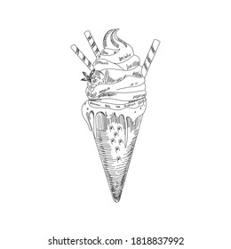 Ice cream sketch. Isolated vector ice cream scoops in glass bowl, eskimo pie in chocolate glaze, sundae in wafer cone, frozen fruit ice for cafeteria, restaurant menu