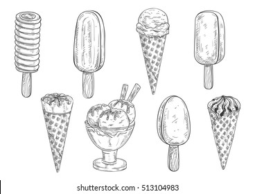 Ice cream sketch. Isolated vector ice cream scoops in glass bowl, eskimo pie in chocolate glaze, sundae in wafer cone, frozen fruit ice for cafeteria, restaurant menu