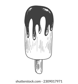 Esbozo de helado. Popsicle aislado de fondo blanco. pastel esquimal. Crema de hielo en un palo con acristalamiento de chocolate. Tapa de chocolate. Postre congelado. Dibujo de gelato negro y blanco con eclosión