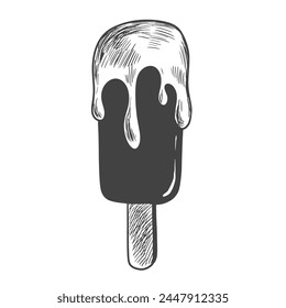 Boceto de helado. Paleta aislada sobre fondo blanco. Pastel esquimal. Helado en un palo con esmalte de chocolate. Encima de chocolate. Postre congelado. Dibujo de gelato blanco y negro con rayado