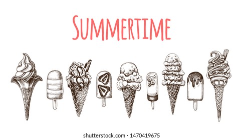 Ice cream sketch set. Vintage jelateria menu cover.
