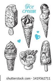 Ice cream sketch style vector illustration. Hand drawn image black and white set.