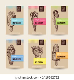 Ice cream sketch style vector illustration. Hand drawn banners with icecream. Hello summer.