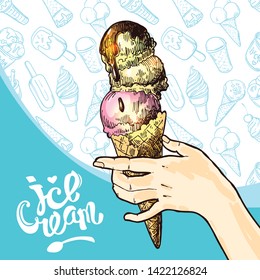 Ice cream sketch style vector illustration. Hand drawn poster with candy.